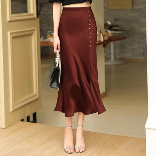 Silk Satin Skirts for Women 2021 New Spring Summer Womens Elegant Black High Waisted Midi Skirt Jupe Femme Faldas Saia Y931