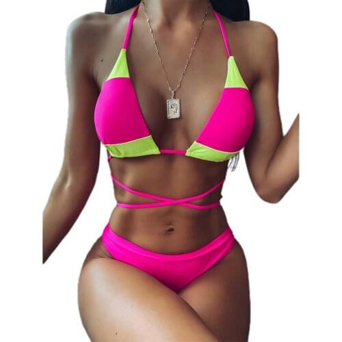 Women Bikini Set 2020 Bandage Swimsuit Elastic Drawstrings Off-Shoulder Patchwork Beach Thong Bikini Swimming Costume