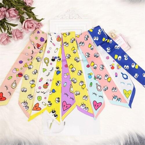 New Design Sweet Style Ladies Silk Scarf Fashion Satin Scarf Skinny Tied Bag Handle Small Ribbon Womens Turban Headband BS51