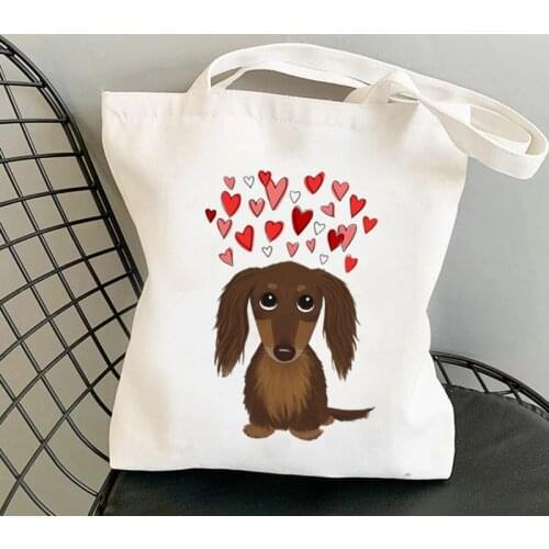 2021 Shopper Dachshund with Hearts Printed Kawaii Bag Harajuku women Shopping Bag Canvas girl handbag Tote Bag Shoulder Lady Bag