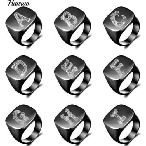 26 Initials Letters Ring for Men Stainless Steel Personalized Custom Letters Nameplate Ring Black Dragon shape Gold Punk Jewelry