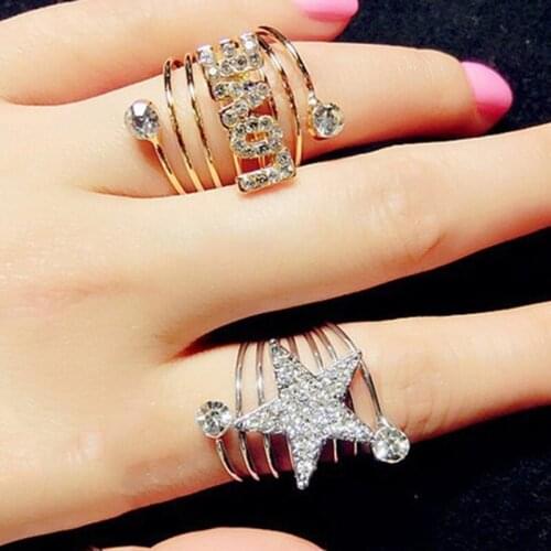 4 Kinds Full Shiny Clear Crystal "Love" Word & Star Silver Plated Golden Spring Rings For Women