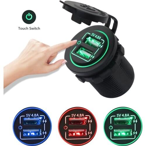 Car Adapter Charger Cigarette Lighter 4.8A Dual USB Charger Socket Touch Switch Power Outlet for Car Motorcycle Boat