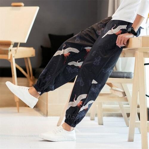 Chinese Traditional Pants Men Samurai Costume Crane Oriental Print Loose Cotton Trousers Boys Streetwear Spring Fashion Adult