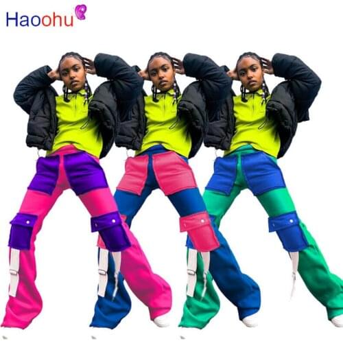 HAOOHU Autumn Winter Women Patchwork Straight Pants Streetwear Hip Hop Trousers Activewear Jogger Pants Sweatpants