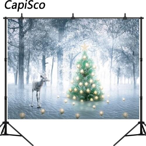 Capisco photography backdrop winter forest snow pine tree elk Christmas background photocall photo shoot fabric photobooth