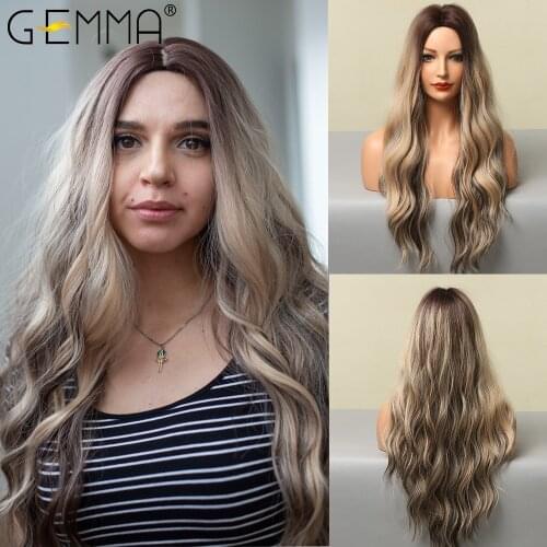 GEMMA Long Body Wave Ombre Black Brown Golden Highlight Wig for Black Women Afro Natural Middle Part Cosplay Synthetic Hair Wigs
