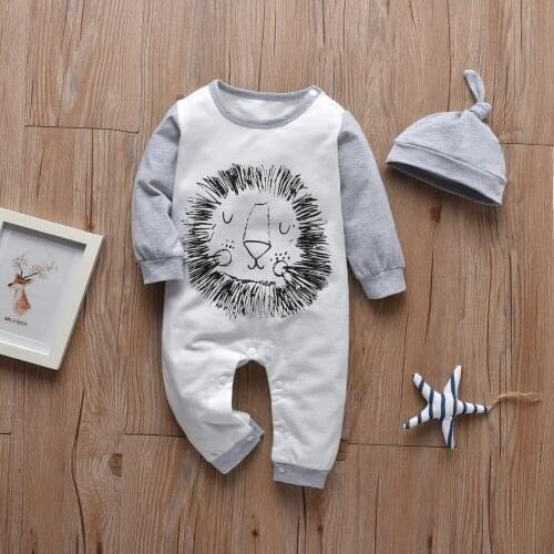 Newborn Baby Rompers Patchwork Clothes Animal Printed Long Sleeve Jumpsuit Playsuit With Hat Infant Onesie Baby Boy Home Wears