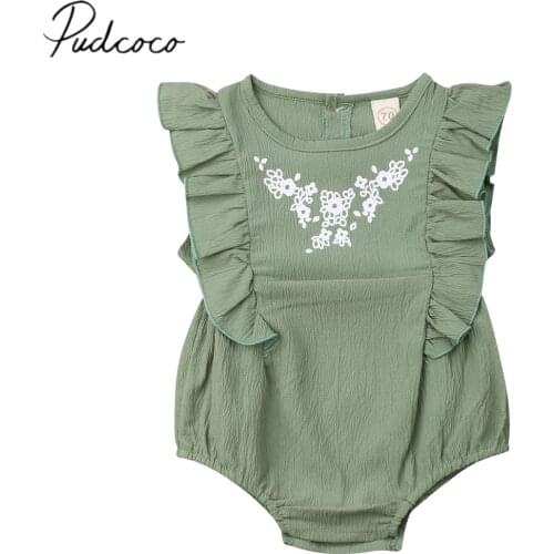 2019 Brand New 0-24M Newborn Infant Kids Baby Girl Boys Bodysuits Ruffles Sleeveless Flowers Green Jumpsuits Summer Clothes