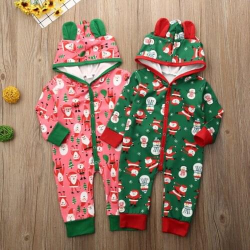 2021 Brand Newborn Baby Boys Infant Girls Santa Claus Romper Cartoon Print Hooded Cute Jumpsuit Christmas Hoodies Costume