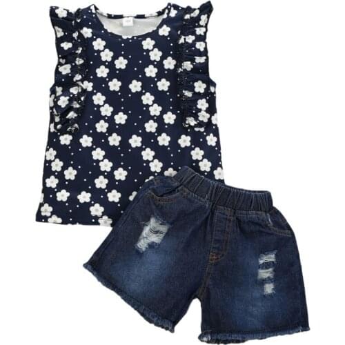 2Pcs Little Girls Outfit, Summer Toddlers Floral Printing Sleeveless Round Collar Top + Rough Selvedge Denim Shorts 2021