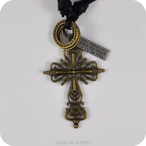 Cross Pendant Leather Necklace Catholic Christan Fashion Religious jewelry