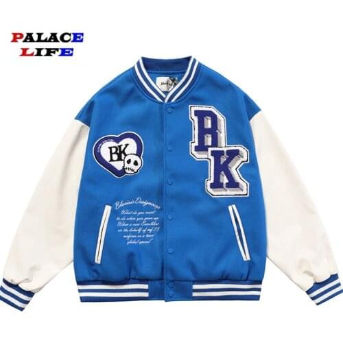 Patchwork Bomber Jacket Men Furry Skull Heart Letter Flocking Varsity Jacket Unisex Streetwear Woman High Street Baseball Coats