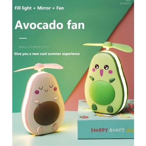 Mini Usb Charging Multifunctional Led Makeup Mirror and Fan 2 in 1 Integrated Cute Avocado Shaped Practical Portable Handheld