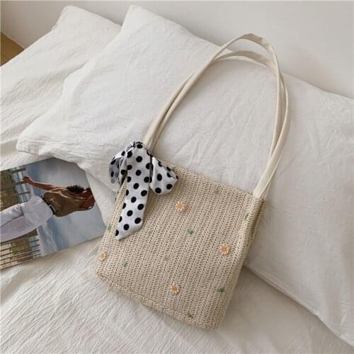 Fashion Women Straw Weave Totes Bag Embroidery Flower Female Bow Scarf Beach Shoulder Handmade Handbags Exquisite Shopping Bags