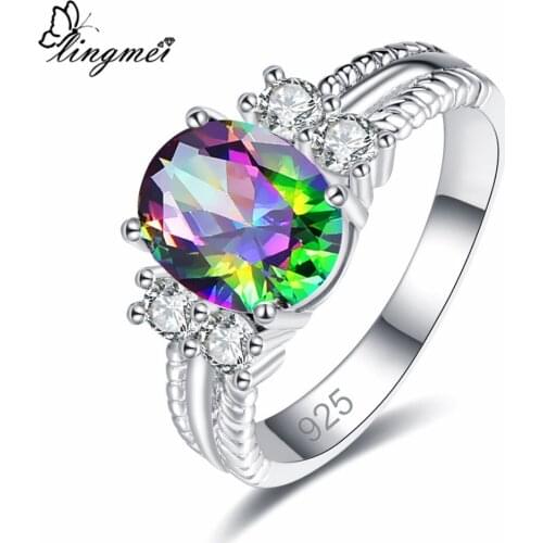 Lingmei Dropshipping Fashion Oval Cut Multi & White Cubic Zircon Silver Color Jewelry Ring Size 6 7 8 9 Wedding Nice Gifst