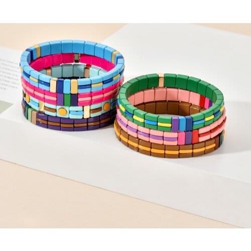 Fashion Enamel New Geometric Elements Shape Bracelet Dark Enamel Metal Painted Tile Bracelet Bohemian Stretch Beads Bracelet