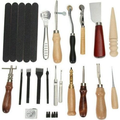 18Pc Leather Craft Kit Vintage Stitching Sewing Punch Carving Leather Craft Sewing Beveler Punch Working Hand Tools Accessories