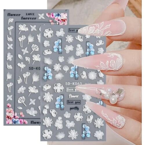 2021 New 5D Nail Stickers Flowers Lace Gel Decals Acrylic Engraved Sliders Embossed Foils Manicure Nail Art Decorations
