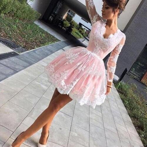 Charming Short A Line Pink Homecoming Dresses Plunging Sexy V Neck White Lace Applique Long Sleeves Cocktail Prom Gown