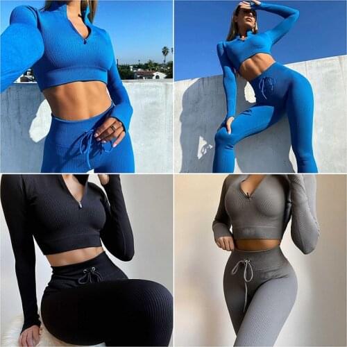 Solid Zip Ribbed Fitness Yoga Set Women Gym Clothes Short Sleeve Zipper Crop Top High Waist Legging Pants Workout Tracksuit