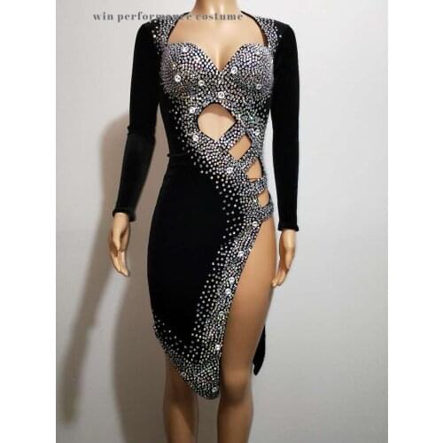 Sexy Silver Stones Black Latin Dance Dress Costume Prom Show Stretch Competition Outfit For Women Birthday