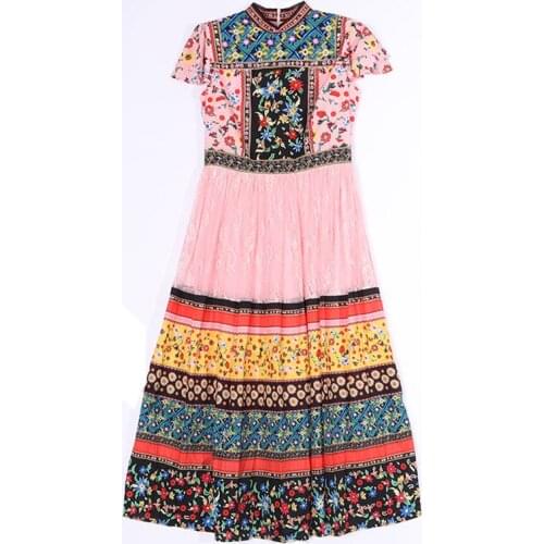 PERHAPS U Pink Floral Print Lace Mesh Patchwork Stand Collar Empire Ruffle Sleeve Short Sleeve Maxi Dress Vintage Summer D1771
