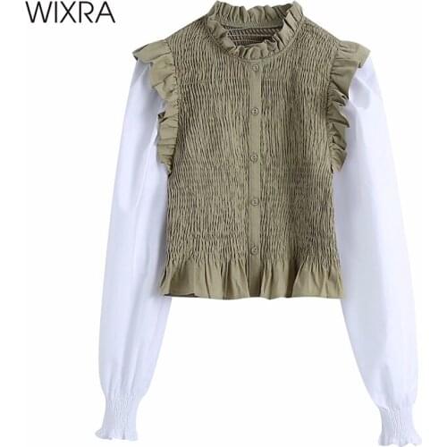 Wixra Womens Ruffles Patchwork Blouse Long Sleeve O Neck Casual Elegant Shirts Tops 2021Spring Summer New