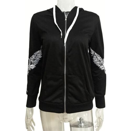 1color 5 Size Autumn Kpop Clothes Black Women Hoodies Sweatshirts Punk Long Sleeve Skull Wings Print Hooded Jacket Zipper Coat