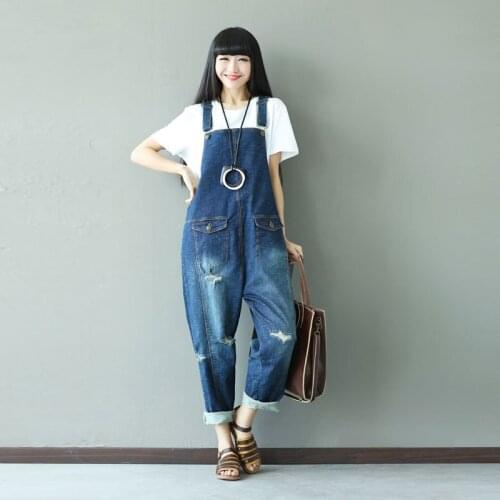 Women cowboy Jumpsuits Bleached Holes with Pockets Loose Denim Overalls Female Vintage sleeveless jeans Straight Trousers Pants