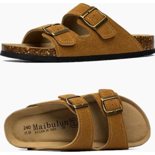 COSMAGIC 2021 New Summer Women Cork Slipper Casual Beach Double Buckle Non-slip Outside Nubuck Leather Slip on Slides Shoe