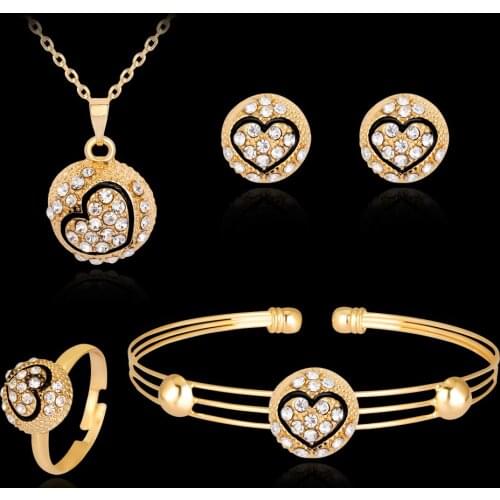 Wedding Love Heart Gold-color Rhinestones Women Necklace Earrings Ring Bracelet Fashion Bridal Jewelry Set