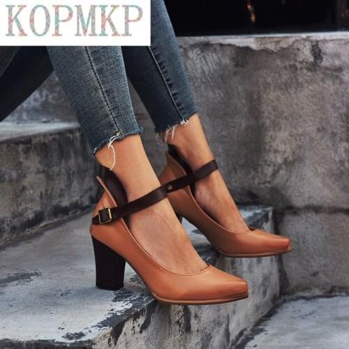 Women Fashion Pointed Toe Pumps Party Wedding Square High Heel Thick Heel Purple Khaki Grey Ladies Buckle Pumps Size 34-43