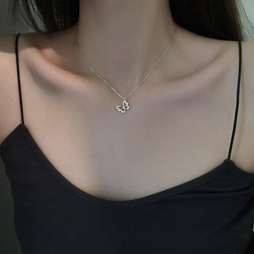 925 Sterling Silver Zircon Butterfly Charm Pendant Choker Korean Necklace For Women Wedding Jewelry dz743