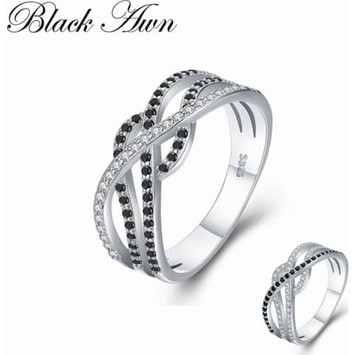 [BLACK AWN] Trendy 2.6g 925 Sterling Silver Fine Jewelry Bague Black Spinel Wedding Rings for Women Girl Party Gift Bijoux C448