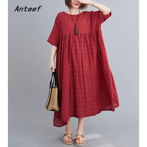 Short sleeve cotton linen vintage plaid dresses for women casual loose long summer dress elegant clothes 2021