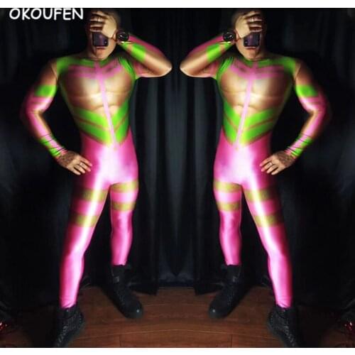 2018 nightclub bar men dj ds fake muscle costumes personality man fluorescent hollow bodysuit costume