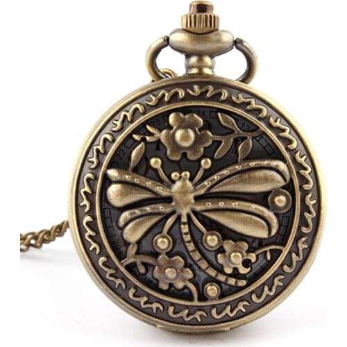 Antique Flower Dragonfly Pocket Watch Bronze FOB Chain Quartz Pocket Watch Women Men Flip Case Fob Clock Men Ladies Girl Gifts
