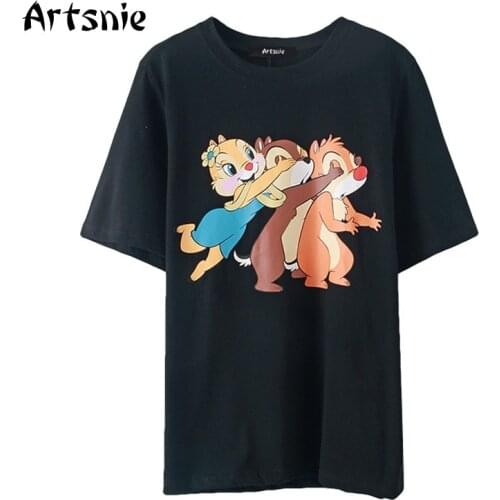 Artsnie Disney Chip 'n' Dale Cartoon T Shirt Women Summer 2021 O Neck Short Sleeve Tops Streetwear Black Knitted T-shirts Femme