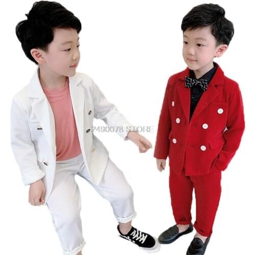 Boys White Baptism Wedding Suit European Flower Boys Jacket Pants Suit Children Formal Graduation Dress Kids Tuxedo Costume