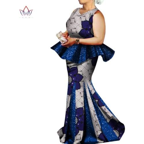 BINTAREALWAX 2-Pieces Skirt Suit African Print Sleeveless Top+Ankle-Length Mermaid Long Skirt Women Casual Cotton Suit WY2724