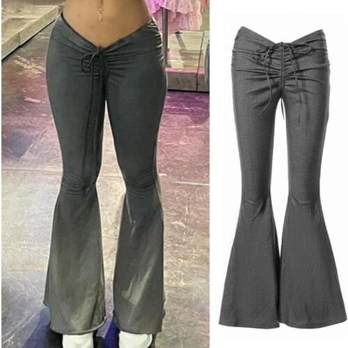 Flared Pants Drawstring Low Waist Vintage Elastic Women Long Pants for Party Women Long Pants
