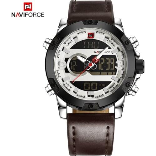 Top Brand NAVIFORCE Mens Quartz Watches Big Dial Led Digital Week Display Leather Strap Waterproof Watch Male Relogio Masculino