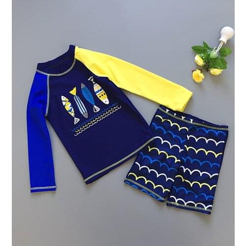 Top Quality Children Beach Swimwear Boy Swimsuit Cartoon 2 Pieces Swim Suits For Hot Springs Long Sleeve Sunblock Kids Swimsuits