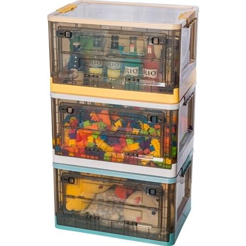 Childrens Toy Storage Box Basket Plastic Transparent Front Snack Storage Box Foldable Side Open Clothes Locker