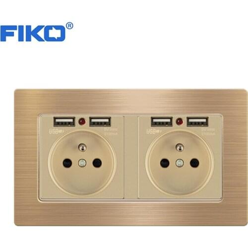 FIKO 2gang EU French standard with double USB146*86mm,stainless steel panel wall socket double frame socket with USB