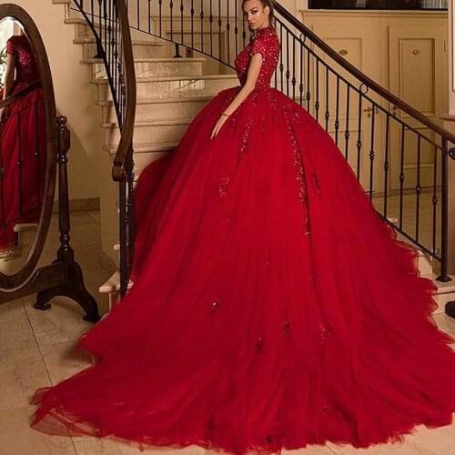 Custom Red High Neck Plus Size Short Sleeves Women Tulle Ball Gowns Sweet 16 Dresses Gowns Prom Dresses Quinceanera Gowns
