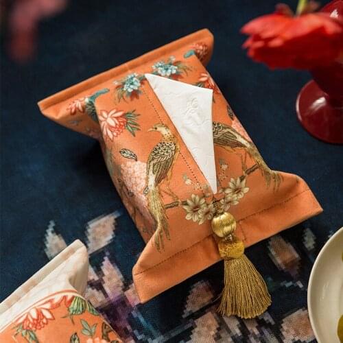 Hydrangea Tissue Box Car Napkin Box Light Luxury Velvet Tissue Holder for Home Office Bathroom Toilet Orange Golden Pheas