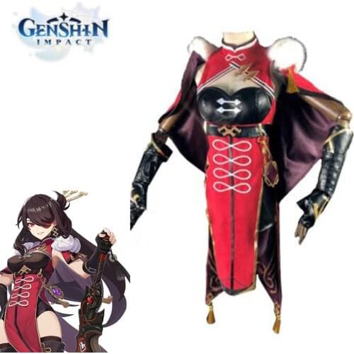 Game Genshin Impact Cosplay Costume Beidou Cosplay Costume Women Black Red Costume Halloween Dress Cloak Pants Glove Full Set