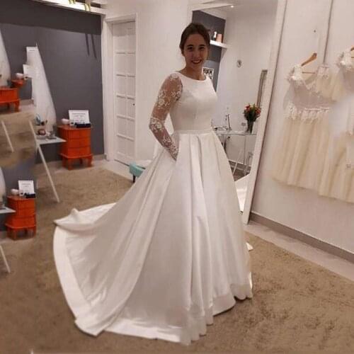 Long Sleeves Lace Appliques Illusion A-Line Wedding Dresses 2020 New arrival Scoop Neck Court Train Satin Wedding Bridal Gowns